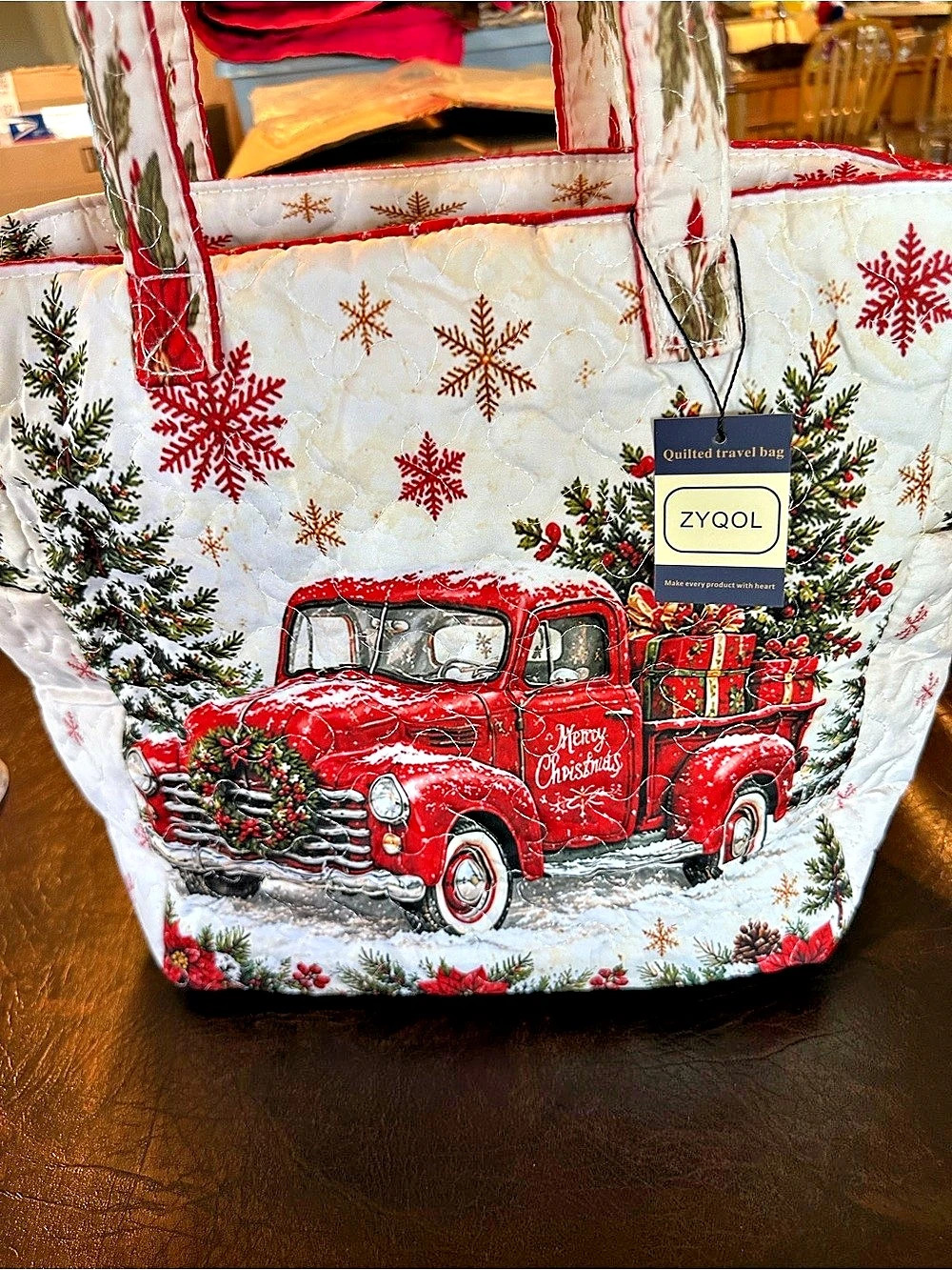 ZYQOL Christmas Red Truck Quilted Travel Bag White & Red